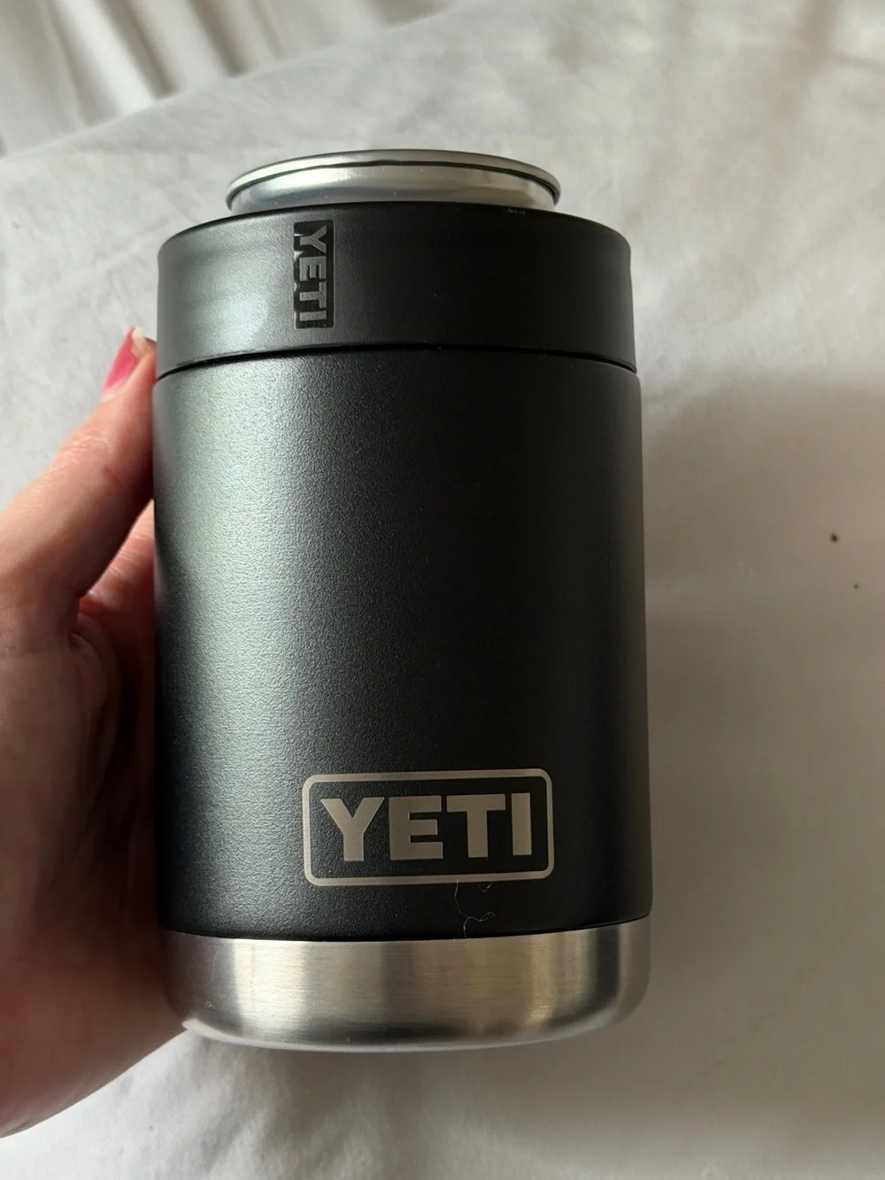 Yeti Matte Black Can Insulator with Silver Accents and #BEERSTOTHAT Text